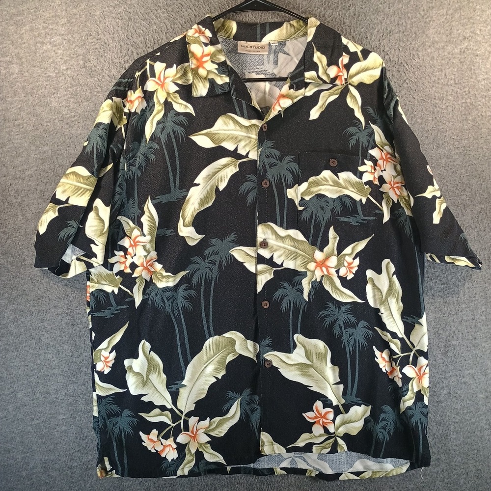Vintage Mix Studio Hawaiian Shirt Men XL Black Floral Made in the USA 100% Rayon